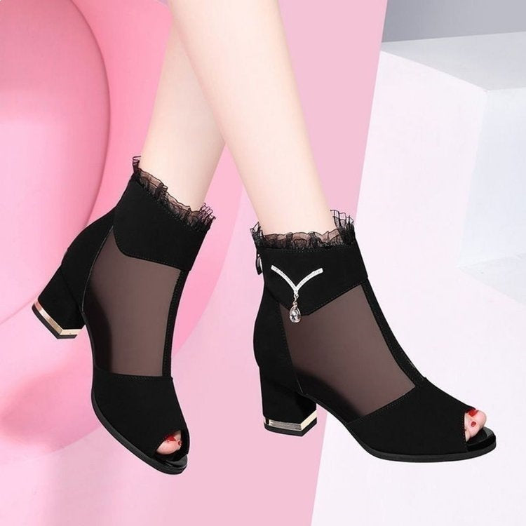 Damen Offene Stiefeletten mit Netz-Details und Glitzer-Akzenten Drune