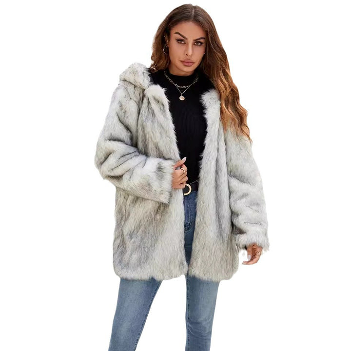 Damen Kuschelige Kunstpelzjacke mit Kapuze und Ohren Drune