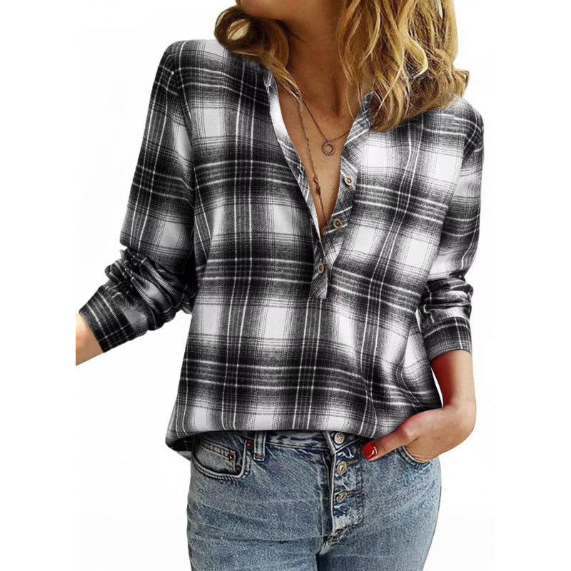 Damen Karo-Bluse im Oversize-Look mit V-Ausschnitt Knopfleiste und gerundetem Saum Drune