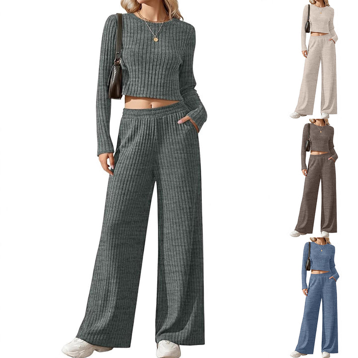 Damen Geripptes Feinstrick-Lounge-Set mit Cropped Langarmtop und High-Waist Palazzohose Drune