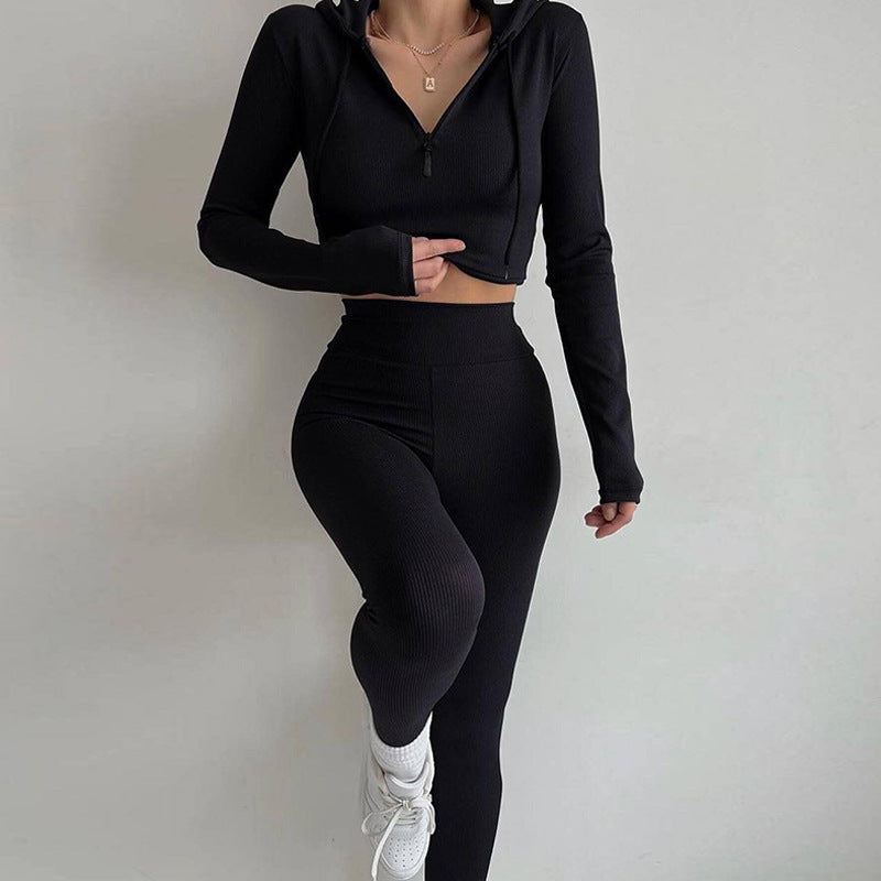 Damen figurnahes Rippjersey-Halbzip-Set mit tailliertem Longsleeve und High-Waist-Leggings Drune