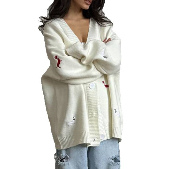 Damen kuscheliger Over-Sized Strickcardigan mit einzigartiger Stickerei Drune