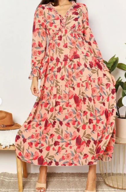 Damen Maxikleid mit floralem Vintage-Druck und V-Ausschnitt Drune