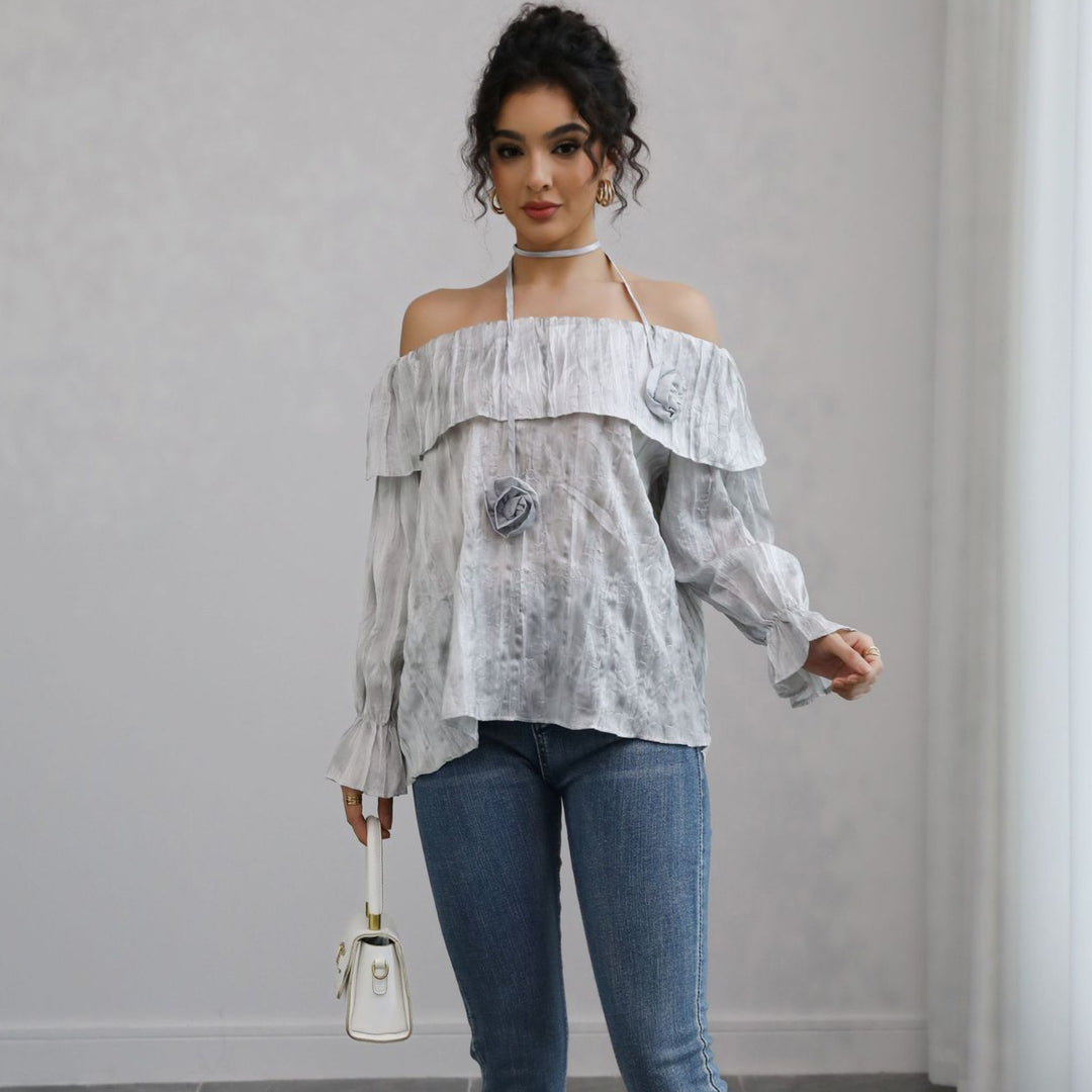 Damen Schulterfreies Crinkle-Blusentop mit Volant, Ballonärmeln und Choker Drune