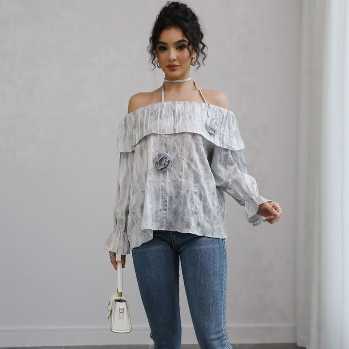 Damen Schulterfreies Crinkle-Blusentop mit Volant, Ballonärmeln und Choker Drune