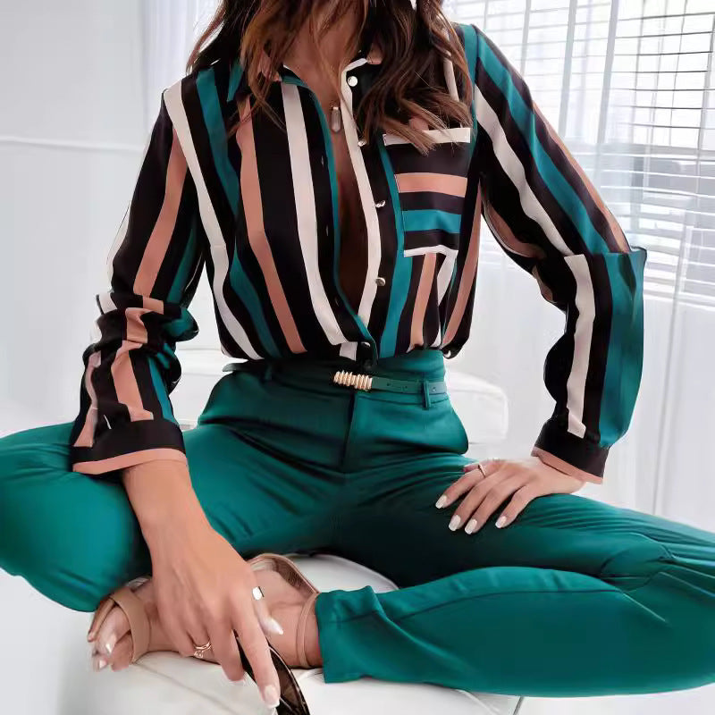 Damen Button-Up Streifenbluse mit Kontrasttaschen Drune