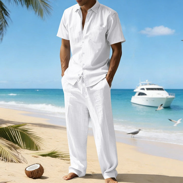 Herren nan resort-taugliches Kurzarm-Hemd mit Brusttasche und lässiger Leinen-Kordelhose Drune