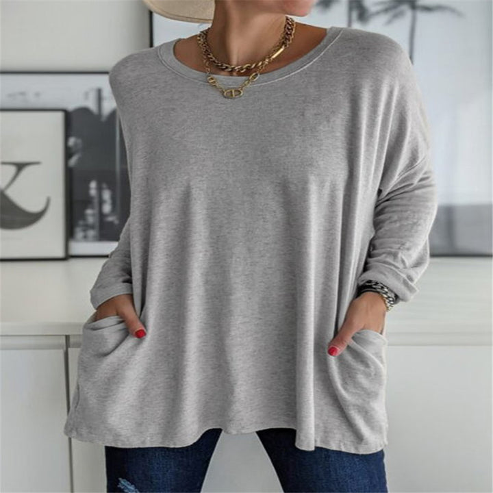 Damen nan oversized Longsleeve-Tunika mit Rundhalsausschnitt, überschnittener Schulter und aufgesetzten Taschen Drune