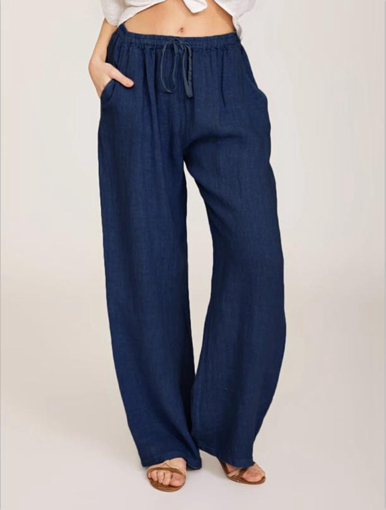 Damen luftige Palazzo-Hose mit Tunnelzugbund, elastischem Taillenabschluss und seitlichen Eingrifftaschen Drune