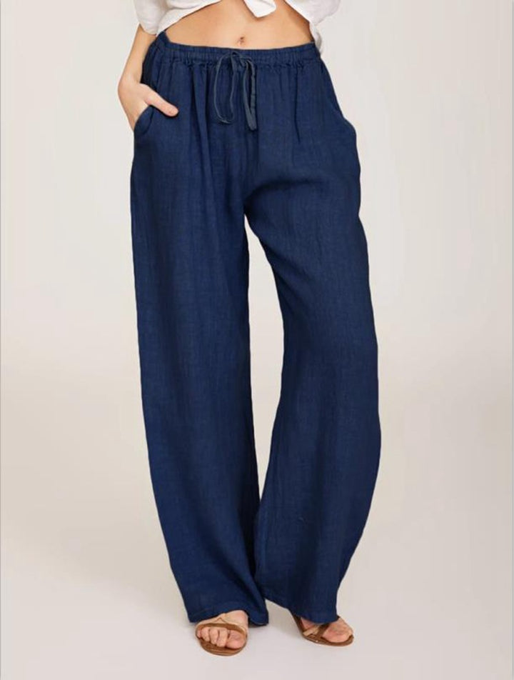 Damen luftige Palazzo-Hose mit Tunnelzugbund, elastischem Taillenabschluss und seitlichen Eingrifftaschen Drune