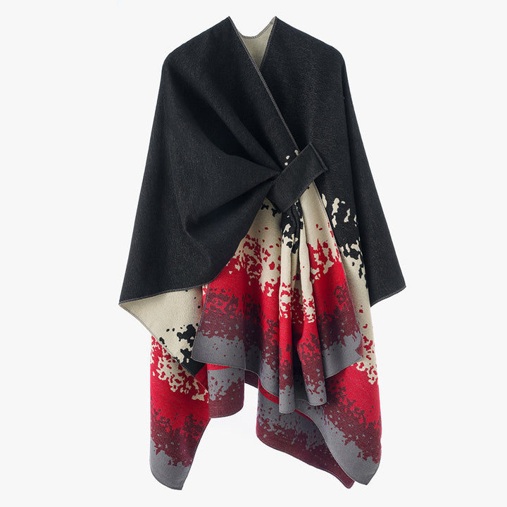 Damen Reversibler Wollmix-Capeponcho mit Bindegürtel und abstraktem Farbverlauf Drune