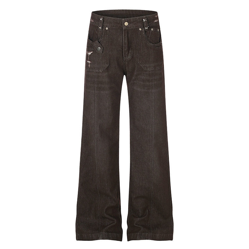 Damen Weite High‑Waist Denimhose mit geradem Bein und Utility‑Pattentaschen Drune
