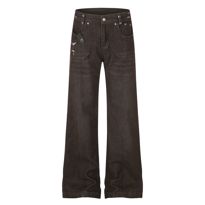 Damen Weite High‑Waist Denimhose mit geradem Bein und Utility‑Pattentaschen Drune