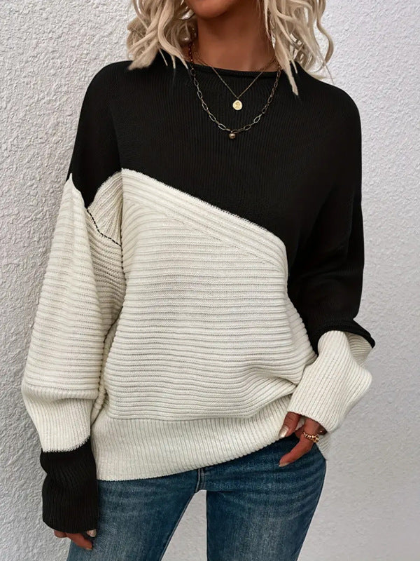 Damen lässiger Strickpullover mit strukturiertem Design und modernen Farbblöcken Drune