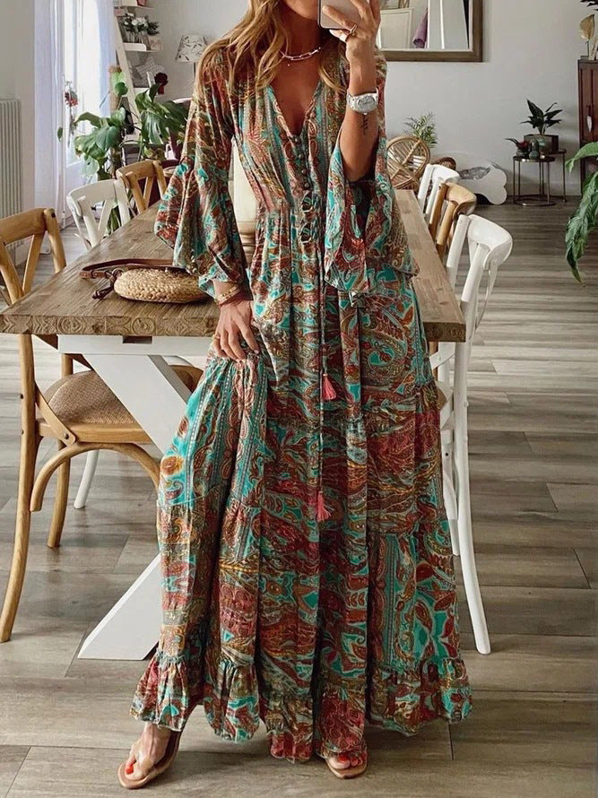 Damen Boho Maxikleid mit Paisley-Print, V-Ausschnitt, Stufenrock und Bindegürtel Drune