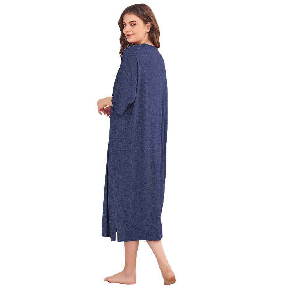Damen legeres Oversize-Nachthemd mit Brusttasche und seitlichen Schlitzen Drune