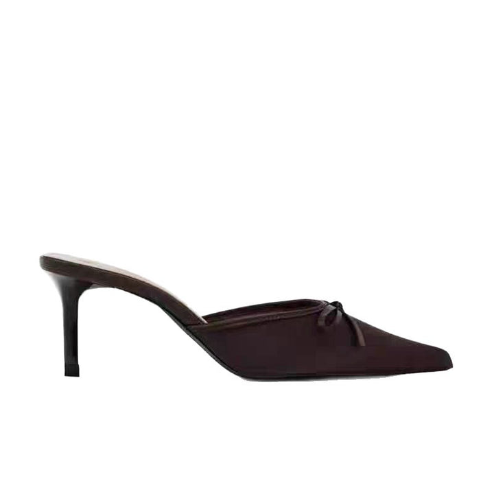 Damen Spitz zulaufende Satinähnliche Mule mit zierlicher Schleifen-Applikation und schlankem Stiletto-Absatz Drune
