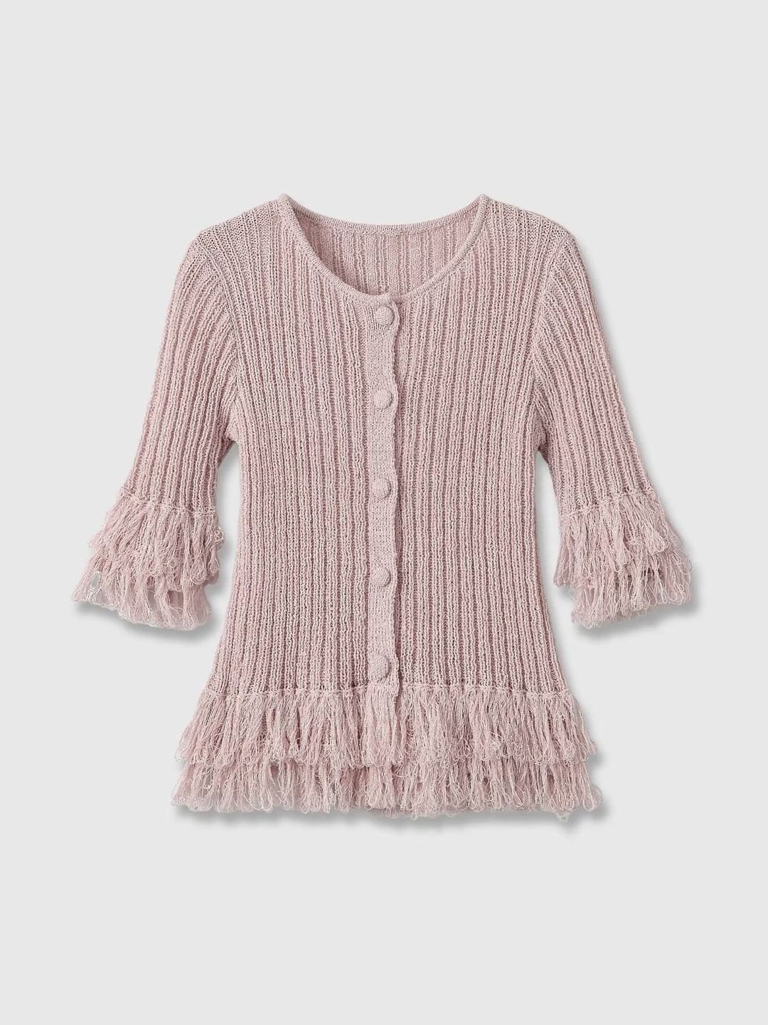 Damen Feinstrick-Cardigan mit Fransenstufen und dekorativen Kugelknöpfen Drune