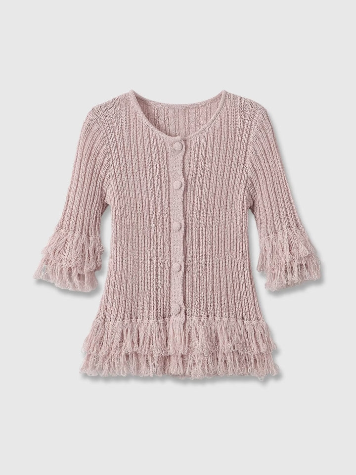 Damen Feinstrick-Cardigan mit Fransenstufen und dekorativen Kugelknöpfen Drune