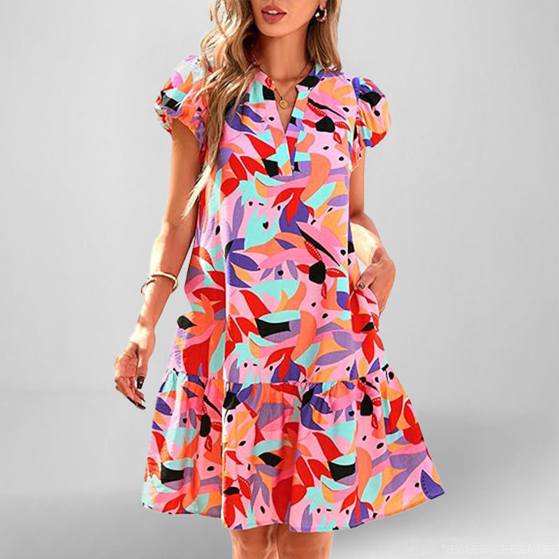 Damen Fließendes Kurzarm Kleid mit raffiniertem Rüschensaum Drune