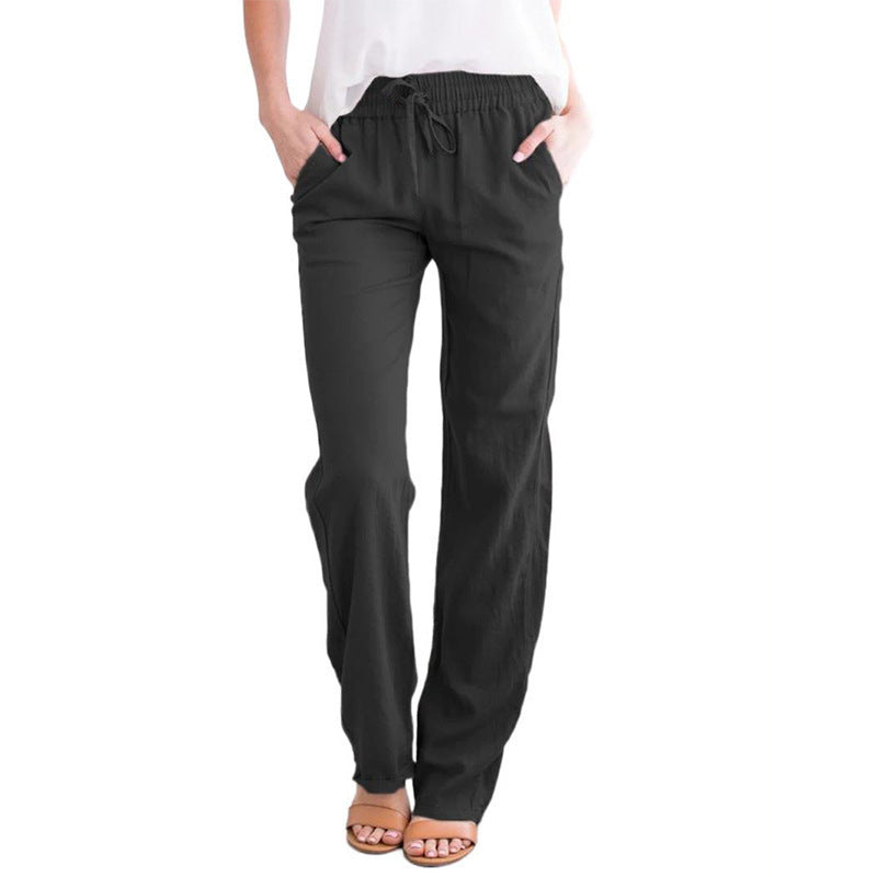 Damen Leichte Leinenoptik Palazzo-Hose mit Gummibund, Tunnelzug und Eingrifftaschen Drune