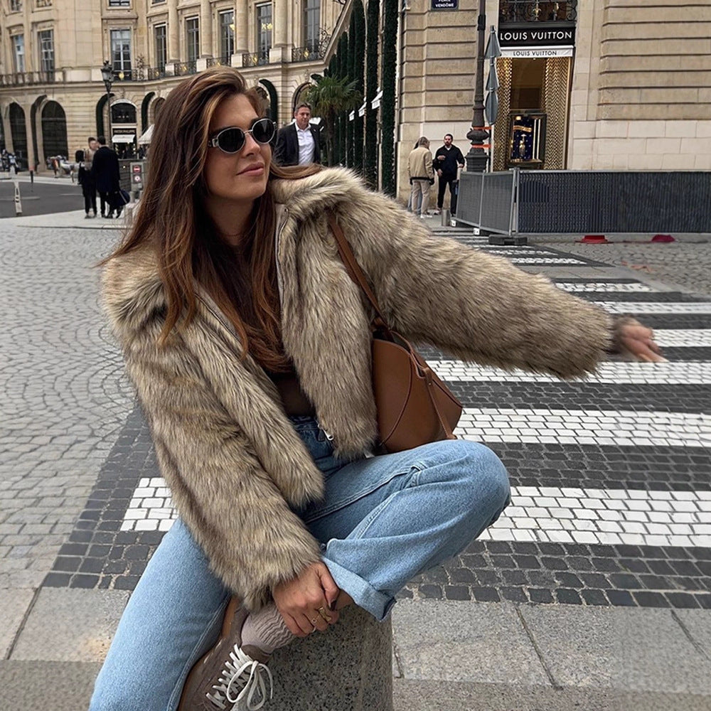 Damen Kurz geschnittener Faux‑Fur Boxy‑Mantel mit Kapuze und Reißverschluss Drune