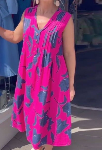 Damen nan lässiges V-Ausschnitt-Midikleid mit Brustpasse, senkrechten Falten und dekorativer Knopfleiste Drune