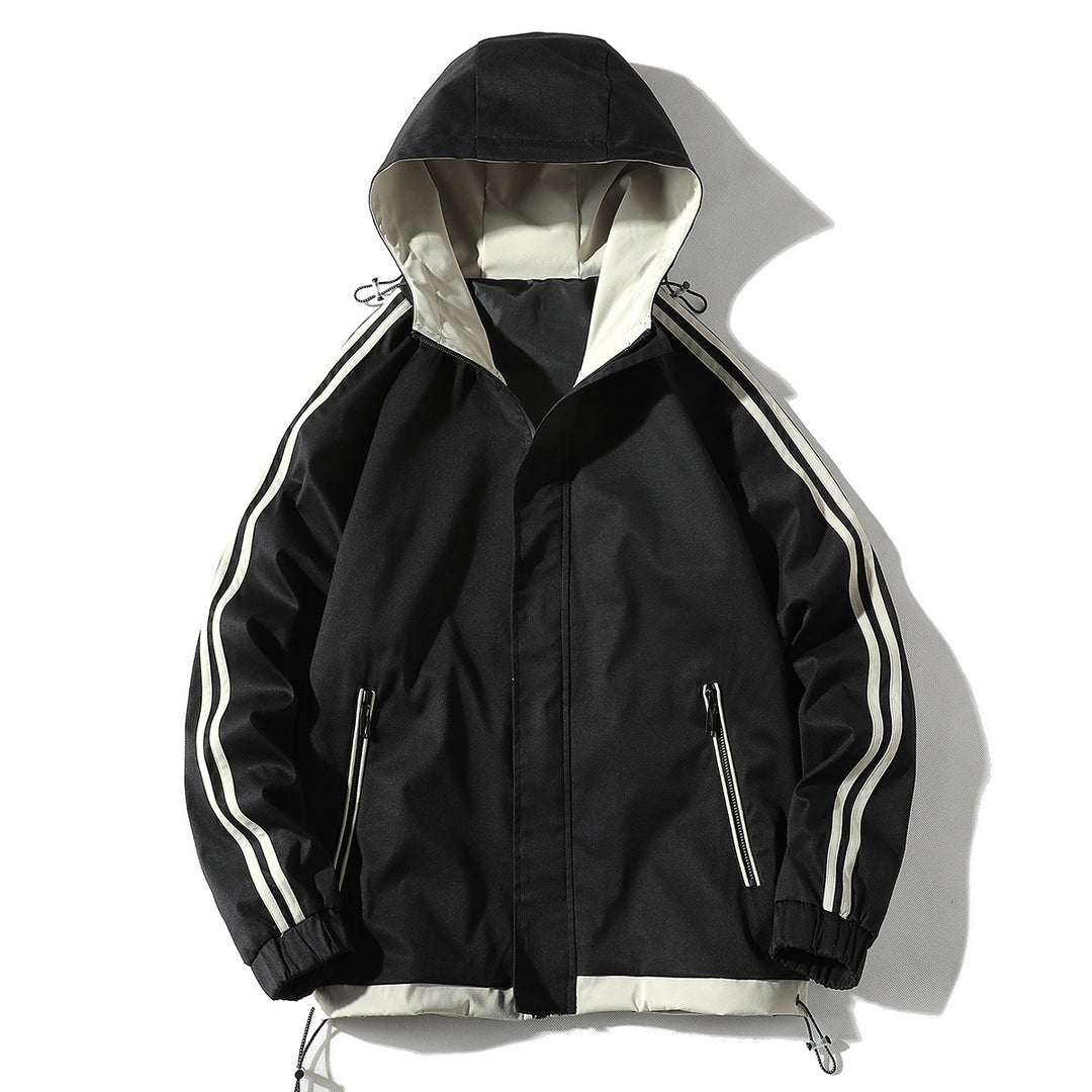 Herren Sportliche Outdoor‑Shelljacke mit Kapuze, reflektierenden Ärmestreifen und Reißverschlusstaschen Drune