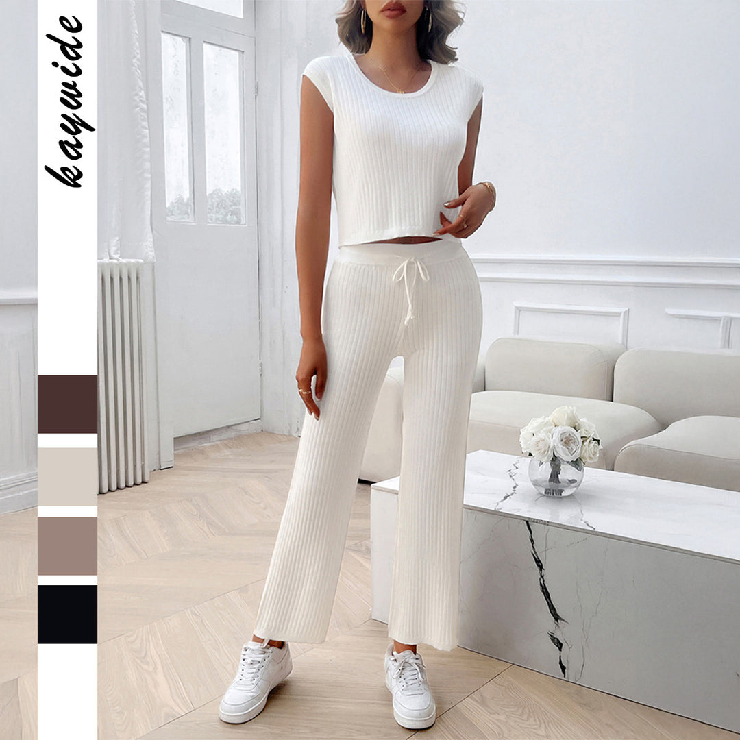 Damen Strick Zweiteiliges Set mit cropped Oberteil und weiter Hose Drune