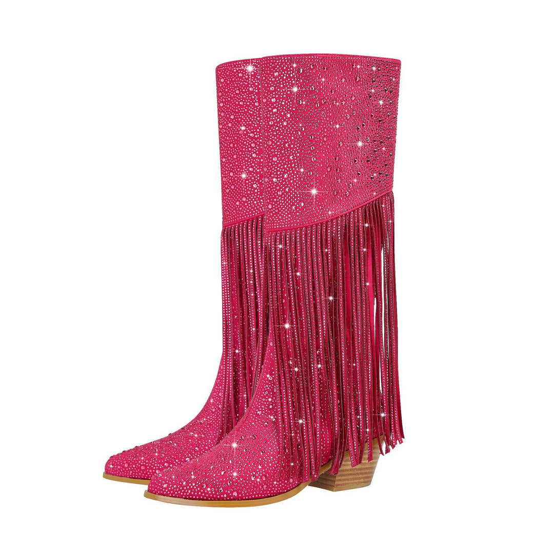 Damen Stiletto Fransen Strass Stiefel Drune