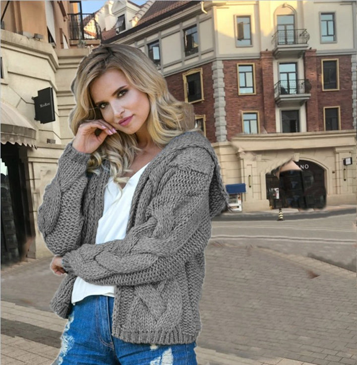 Damen Grobstrickjacke mit Kapuze und elegantem Zopfmuster Drune