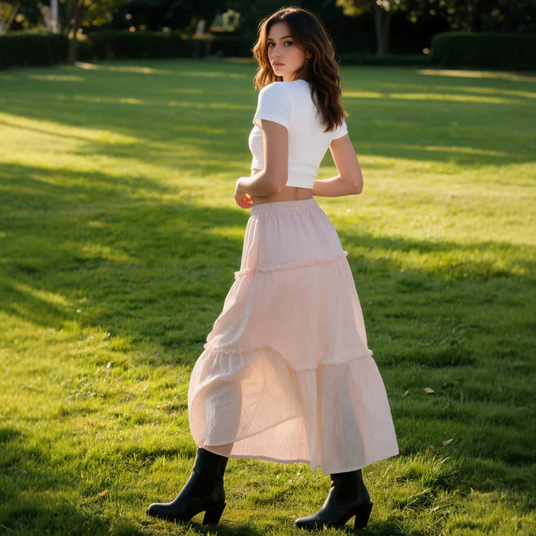 Damen Luftiger Stufenrock mit elastischem Bund und transparenter Chiffon‑Optik Drune