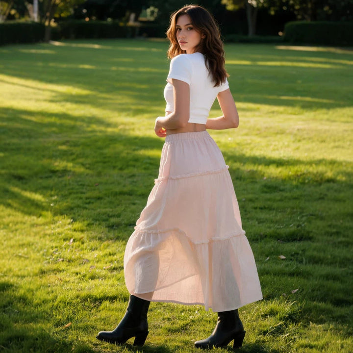 Damen Luftiger Stufenrock mit elastischem Bund und transparenter Chiffon‑Optik Drune