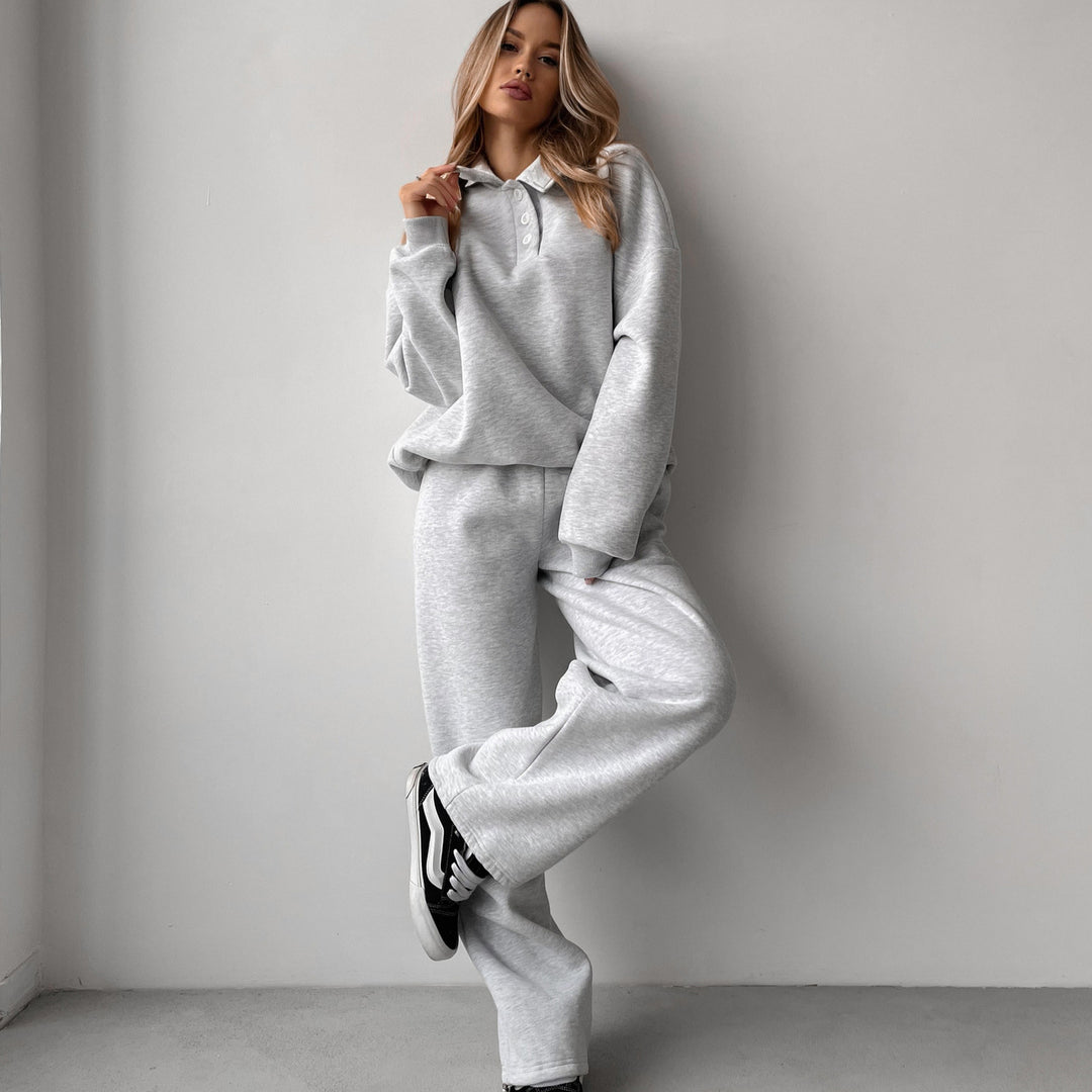 Damen Polo-Sweatshirt und Relax-Fit Jogginghose Set aus French Terry Drune