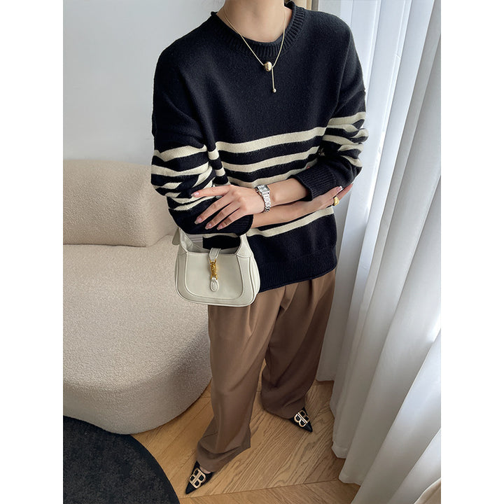 Damen modischer gestreifter Pullover mit elegantem Rundhalsausschnitt und feiner Strickstruktur Drune