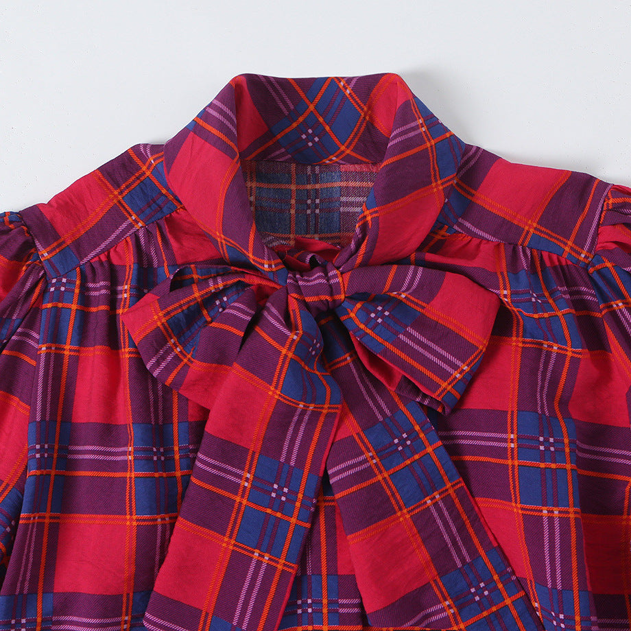 Damen Schluppenbluse mit Karo-Muster, Volumenärmeln und breiten Manschetten Drune