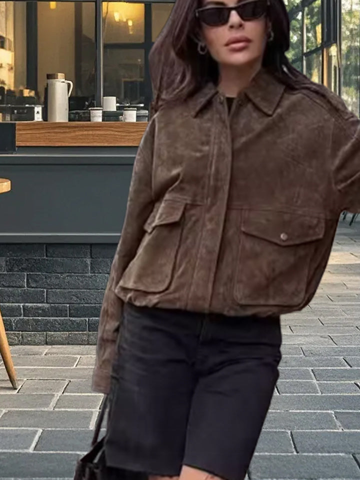 Damen lässige Wildlederjacke mit praktischen Taschen und hochgeschlossenem Kragen Drune
