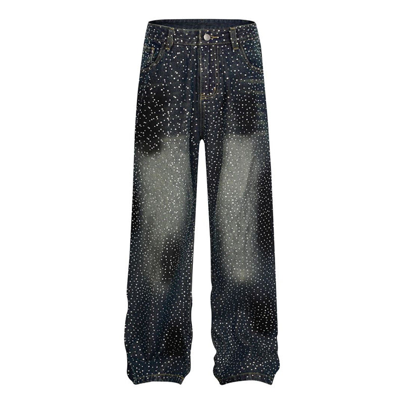 Damen Weite High‑Waist Denim‑Palazzo‑Jeans mit Allover‑Strass und Gummizugsaum Drune