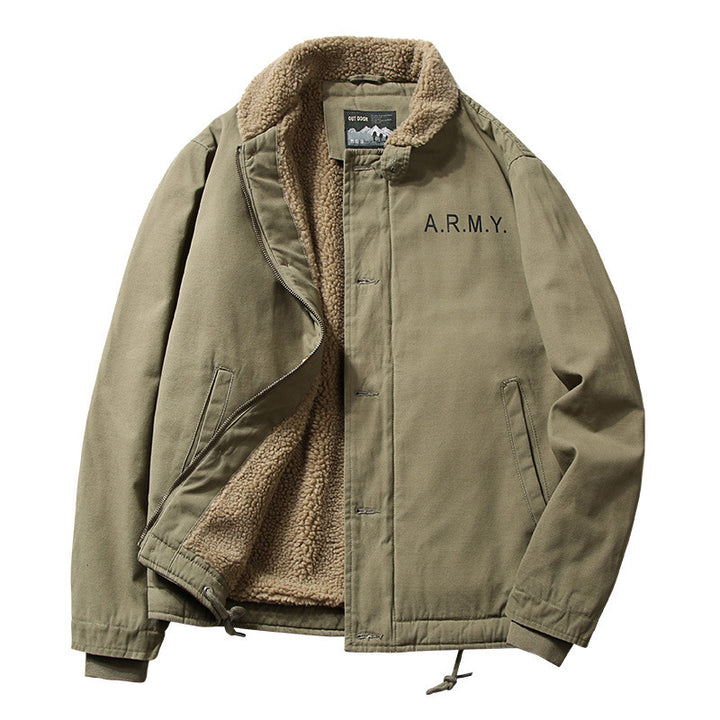 Herren Gefütterter Canvas‑Blouson mit Teddyfleece‑Innenfutter, Hemdkragen und Military‑Print Drune