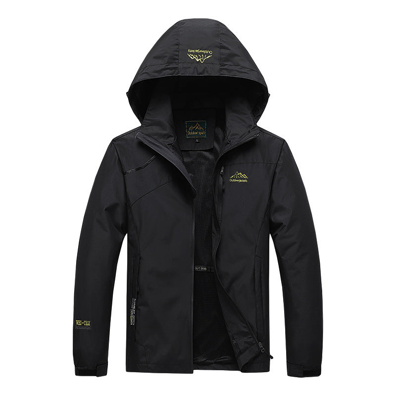 Herren atmungsaktive Softshell-Trekkingjacke mit verstaubarer Kapuze, Netzfutter und multifunktionalen Reißverschlusstaschen Drune