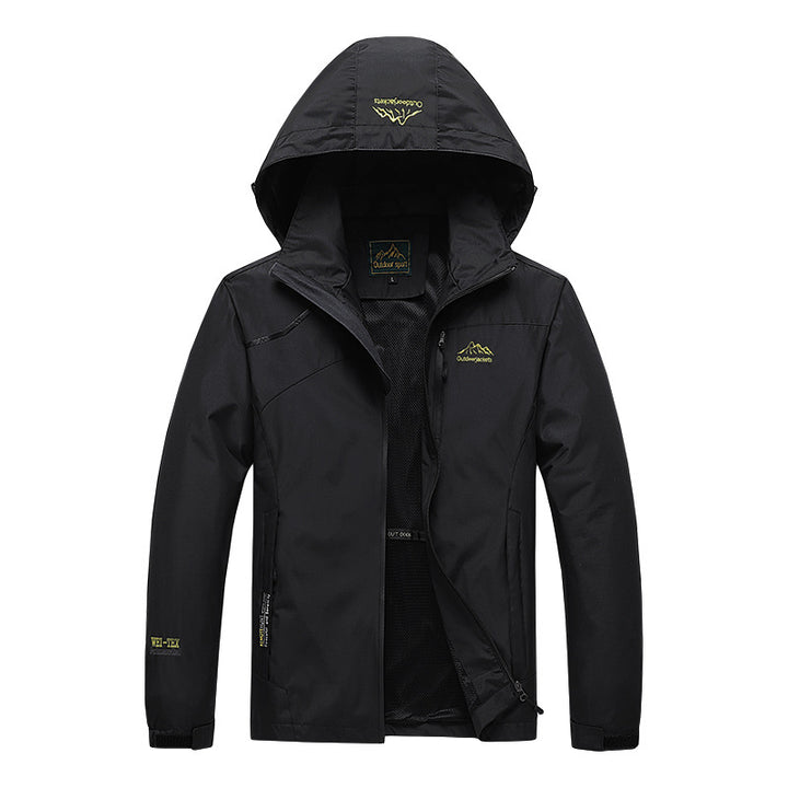 Herren atmungsaktive Softshell-Trekkingjacke mit verstaubarer Kapuze, Netzfutter und multifunktionalen Reißverschlusstaschen Drune