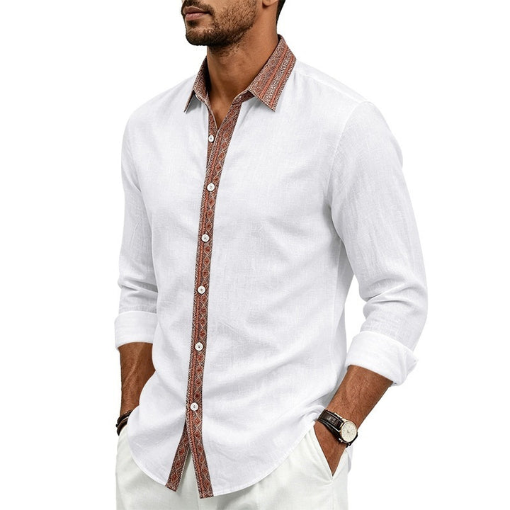 Herren Elegantes Leinenoptik-Hemd mit Ethno-Besatz an Kragen und Knopfleiste Drune