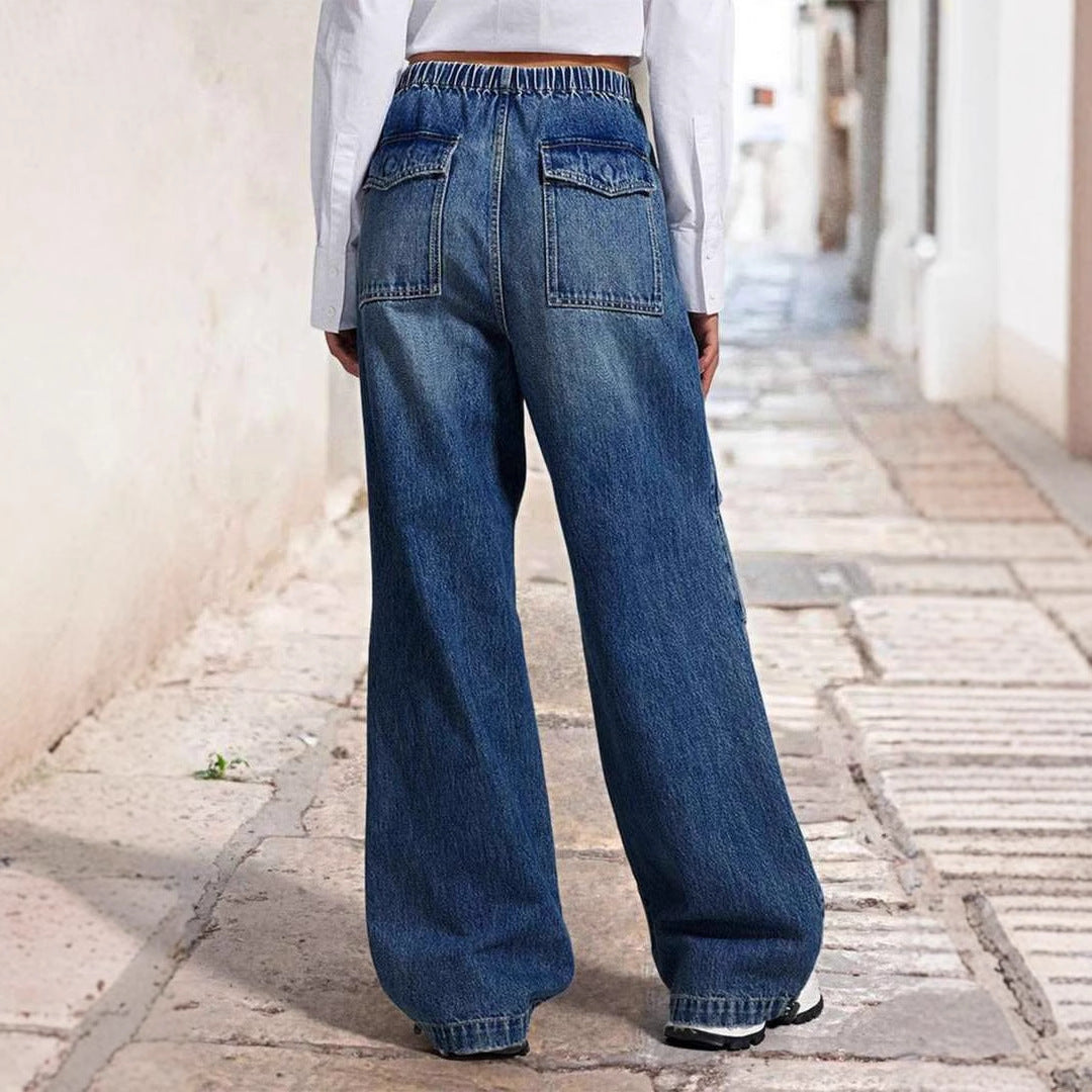 Damen weite High-Waist Denim-Hose mit elastischem Bund Drune