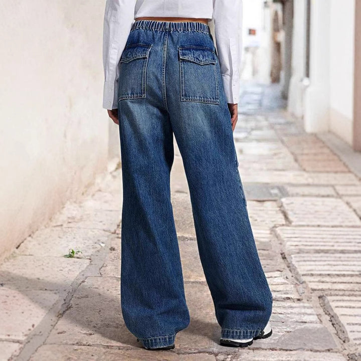 Damen weite High-Waist Denim-Hose mit elastischem Bund Drune