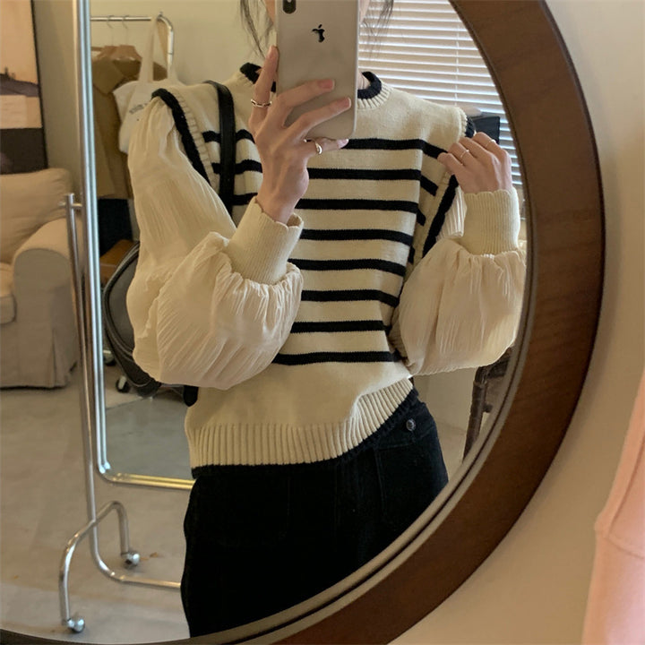 Damen Streifenpullover mit Puffärmeln und Rippdetails Drune