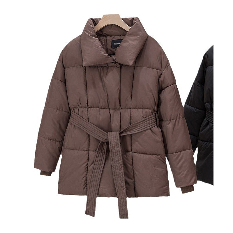 Damen Gekachelte Pufferjacke mit Taillengürtel und breitem Stehkragen Drune