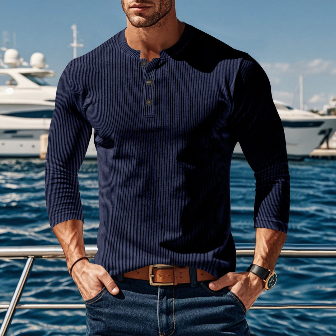 Herren Langarmshirt mit modischer Stehkragen und Knopfleiste Drune