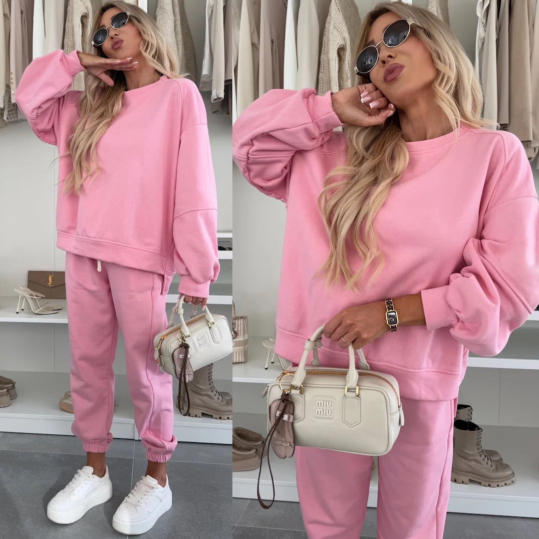 Damen Oversized Loungewear-Set aus weich angerautem Sweat mit Kordelzug-Jogginghose und relaxed Pullover Drune