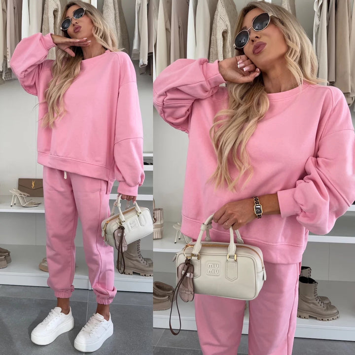 Damen Oversized Loungewear-Set aus weich angerautem Sweat mit Kordelzug-Jogginghose und relaxed Pullover Drune