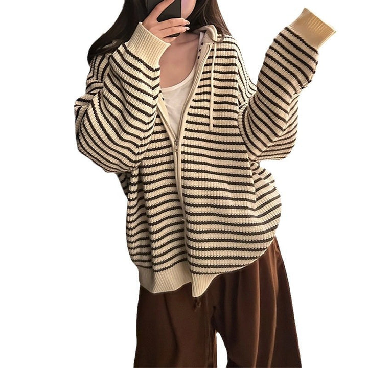Damen Oversized Strickjacke mit Reißverschluss und Kapuze Drune